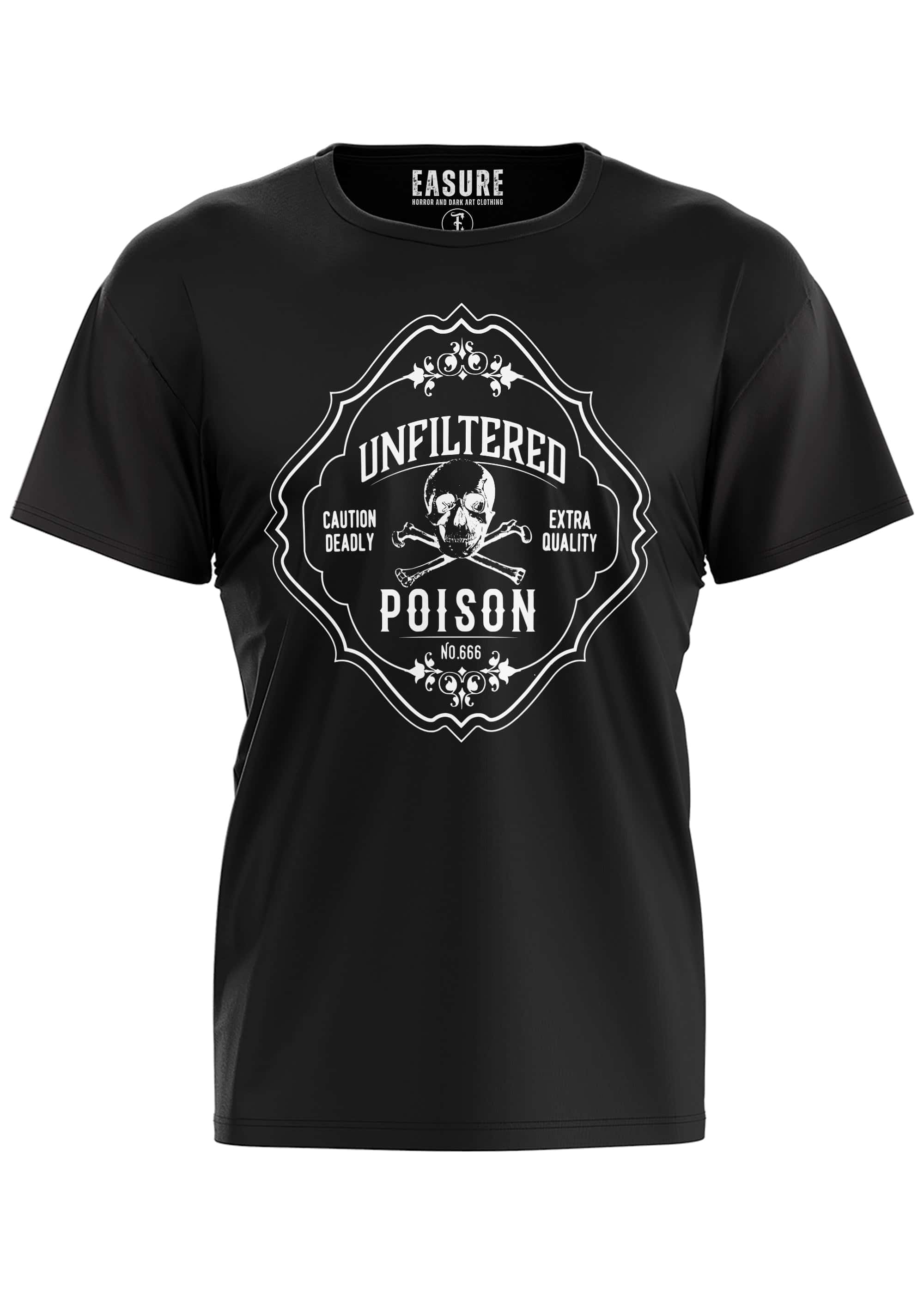 Schwarzes kurzärmeliges gothic t-shirt poison mit weißem unfiltered poison schädel und kreuzknochen design